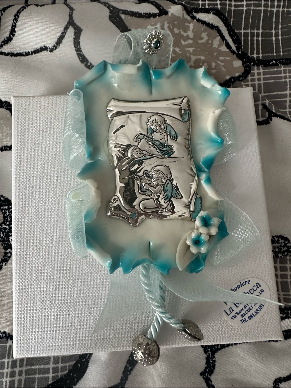 Handmade Baby Wall Art Plaque with Blue Accents